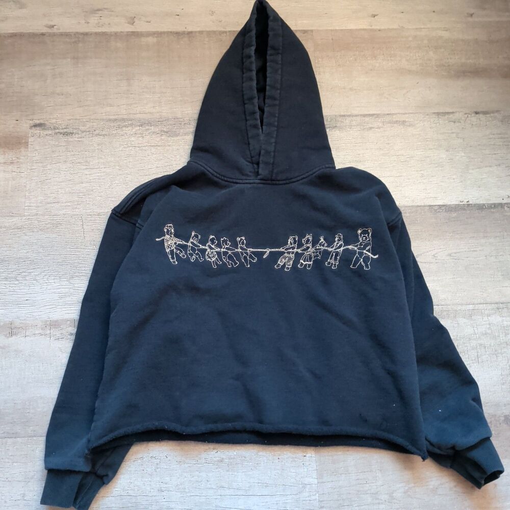 Rare Teddy Fresh Bear Pulling Rope Print S/M Pullover Hoodie Embroidered Black